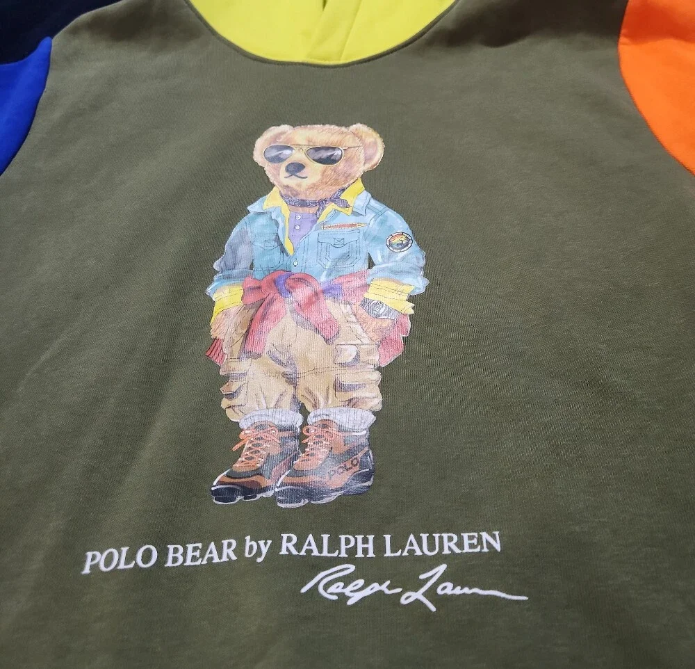 Polo by Ralph Lauren Olive Colorblock Polo Bear Hoodie with Neon Yellow Hood